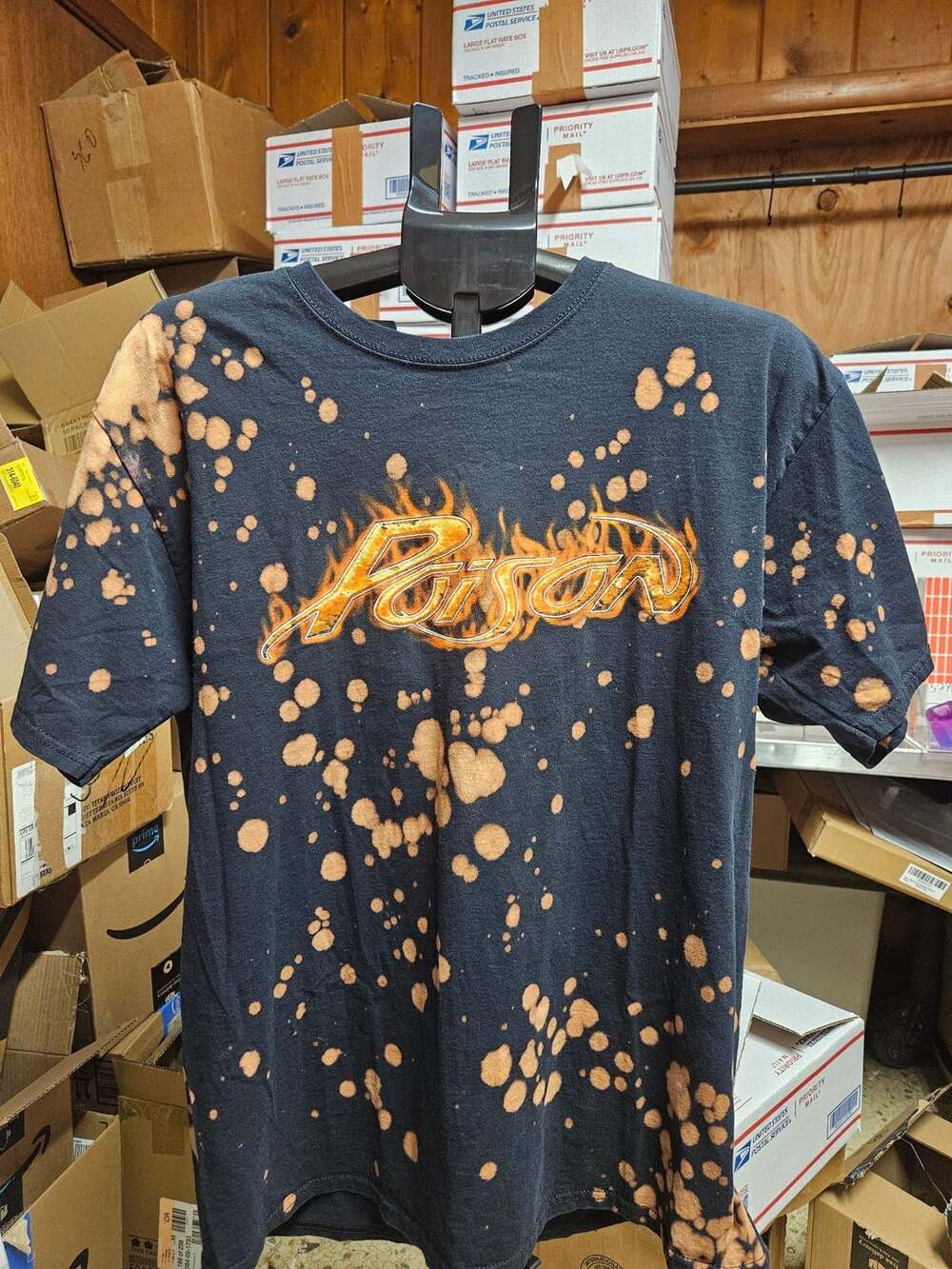 (298) Poison Flame Logo Black Bleach Splatter T-Shirt L